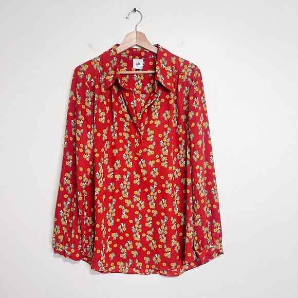 Cabi Belfry Floral Popover Blouse #3947 Size L Coral Red Long Sleeve - Picture 2 of 8